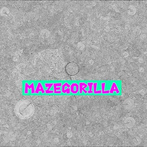 May include: Abstract gray background with a textured pattern and circular designs. A bright green rectangle with the word "MAZEGORILLA" in pink, stylized text is centered in the image. The overall design is artistic and graphic.