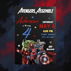 Modelo de convite de aniversário de super-herói editável, cartão digital para festa dos Vingadores da Marvel, convite infantil de super-herói personalizado para impressão, download instantâneo