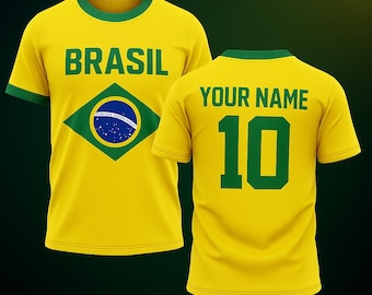 Personalized Brazil Soccer Fan T Shirt, Custom Name & Number Jersey Style Tee, Yellow Green Brasil Flag Top, Unisex Football Gift for Fans