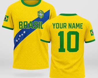 Custom Brazil Flag Jersey with Name and Number, Personalized Brazilian Pride Shirt, Unisex Yellow Green Soccer Fan Tee for Match Days