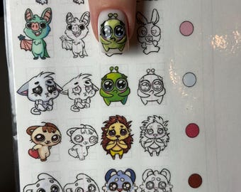 Cute Characters Sticker Page for Nail Art • Printable Animal & Fantasy Designs • Digital Download (PDF)