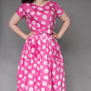50s summer dress / Pink and white / Floral / Small S / Bow