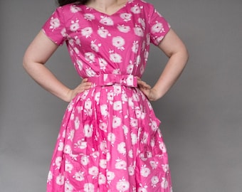 50s summer dress / Pink and white / Floral / Small S / Bow