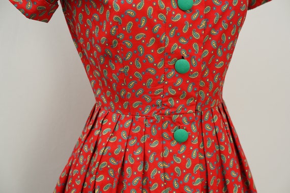 50s vintage cotton shirt dress vibrant red paisle… - image 3
