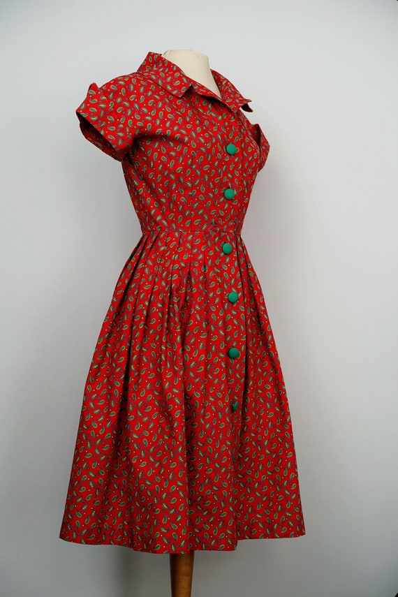 50s vintage cotton shirt dress vibrant red paisle… - image 4