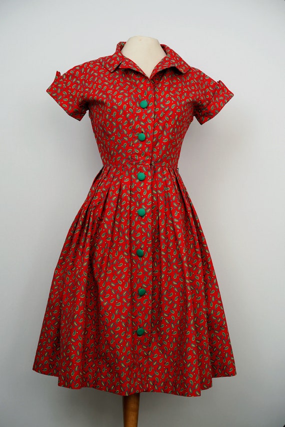 50s vintage cotton shirt dress vibrant red paisle… - image 2