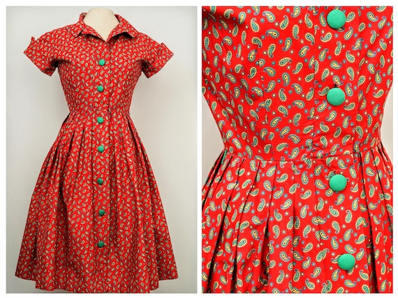 50s vintage cotton shirt dress vibrant red paisle… - image 1