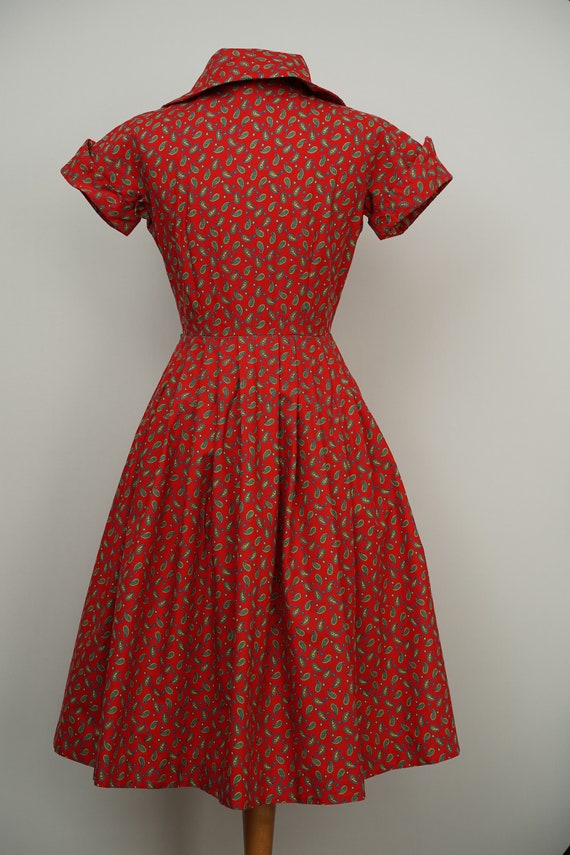 50s vintage cotton shirt dress vibrant red paisle… - image 8