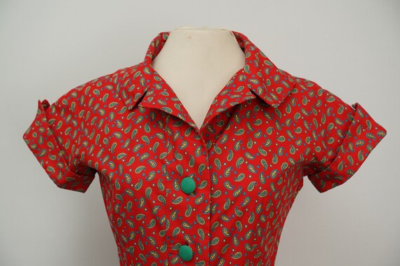 50s vintage cotton shirt dress vibrant red paisle… - image 6