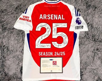 Camisa/Camisa do Arsenal completa da temporada 2024, assinada por todo o elenco, com certificado de autenticidade (COA).