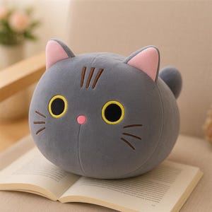 Oreiller en peluche chat mignon - doudou rond kawaii, coussin animal en peluche doux, cadeau pour les amoureux des chats, décoration d'intérieur esthétique