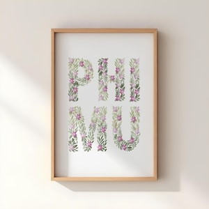 Phi Mu Floral Letters Print | Phi Mu Greek Letters Wall Art | Sorority Gift | Big Little Reveal | Dorm Decor | College Sorority | Flowers