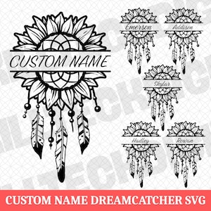 Custom Name Dreamcatcher SVG, Sunflower Boho Feather Mandala PNG Cut File for Cricut, Personalized Tribal Tattoo Clipart Digital Download
