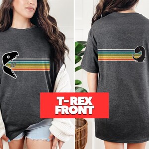 T-rex front / Retro Dinosaur Couple T-Shirt Set / T-Rex & Long Neck Funny Matching Tees- Vintage Rainbow LGBTQ Pride Shirts