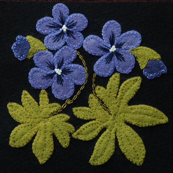 Wool applique PATTERN &or KIT "Wild Geraniums" 6x6 block 1 of 24 in "Four Seasons of Flowers" wool quilt wall hanging runner felted wool