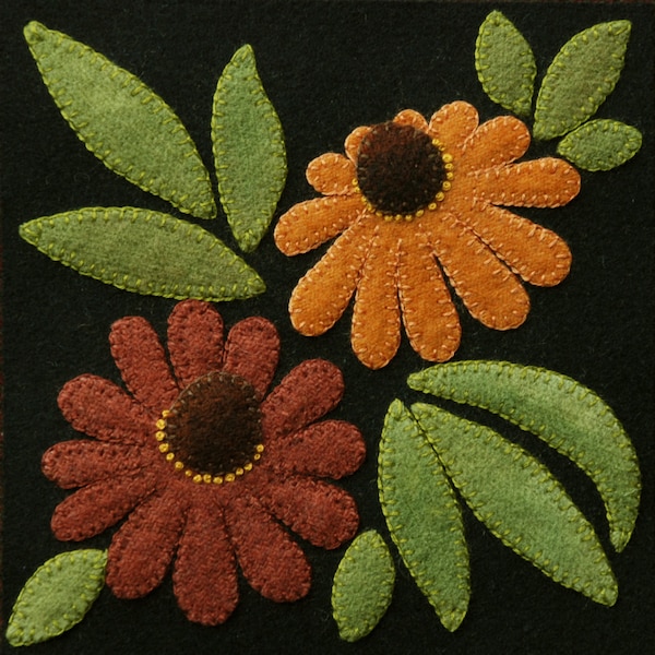 Wool applique PATTERN &/or KIT "Cone Flowers" 6x6 block 1 of 24 in "Four Seasons of Flowers" wool quilt runner wall hanging felted wool