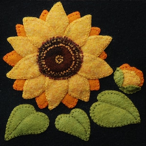 Wool applique PATTERN &/or KIT "Sunflower" 6x6 block 1 of 24 in "Four Seasons of Flowers" wool quilt bed runner wall hanging felted wool