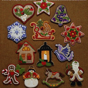 Wool applique pattern kit embroidery Christmas ALL 13 ornaments from the series &quot;Long Gone Days&quot; hand dyed felted wool fabric felt