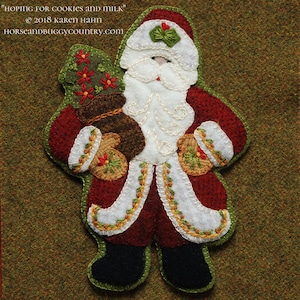 Wool applique pattern kit embroidery Santa Claus Christmas ornament 7&quot; x 5&quot; &quot;Hoping for Cookies & Milk&quot; shelf pillow felted wool fabric felt