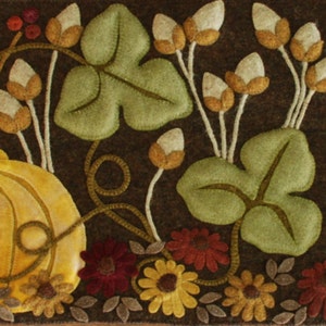 Wool applique PDF e-PATTERN pumpkins "The Far Corner of the Garden" autumn fall penny rug table runner wall  hanging rug hooking felted wool
