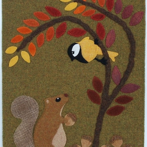 Wool Applique Pattern Kit autumn squirrel bird fall &quot;Chirp & Chatter&quot; fall penny rug wall hanging table runner hand dyed rug hooking wool