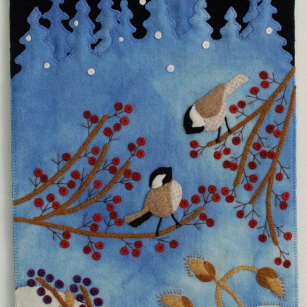 Wool applique PDF e-PATTERN Christmas Winter "Just Starting to Snow Again" wall hanging chickadees snowflakes hand dyed rug hooking wool