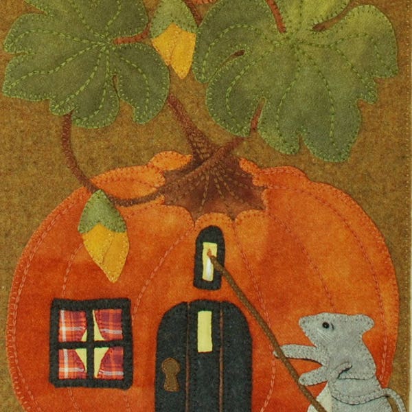 Wool applique pumpkins kit pattern fall autumn wall hanging "The Lamplighter in Pumpkin Patch Lane"  hand dyed rug hooking felted wool quilt