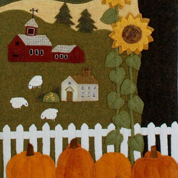 Wool Applique Pattern Kit pumpkins "The Farm on Grange Hall Road" autumn wall hanging fall folk art wool quilt hand dyed felted wool