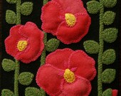 Wool applique PDF e-PATTERN quot Hollyhocks quot one block of 24 quot Four Seasons of Flowers quot wool quilt table runner bed runner wall hanging pillow