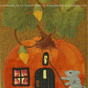 Wool applique PDF e-PATTERN "The Lamplighter in Pumpkin Patch Lane" autumn fall pumpkins table runner wall  hanging rug hooking felted wool