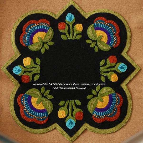 Wool applique PDF e-PATTERN "Jacobean Round Square" table topper runner embroidery pattern penny rug candle mat wool felt wool quilt block