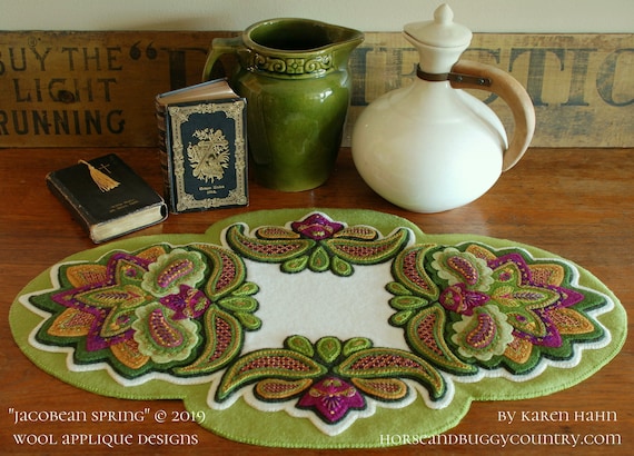 Wool applique pattern kit table runner rug flowers “Jacobean