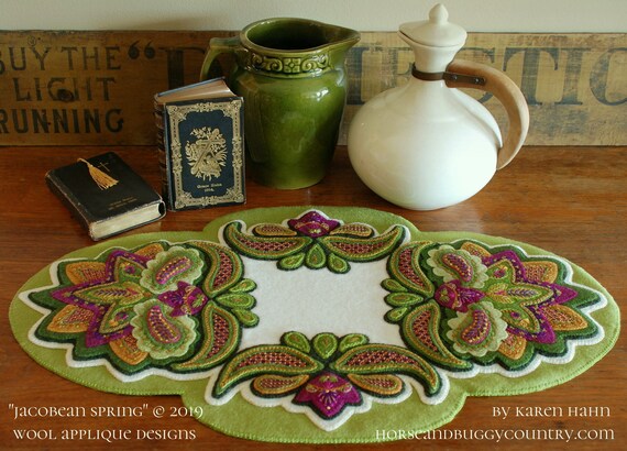 Wool Applique Pattern Kit Jacobean Spring Table Runner Hand Dyed Rug Hooking Wool Felt Felted Wool Fabric Embroidery Paisley 23 1 2 X 14