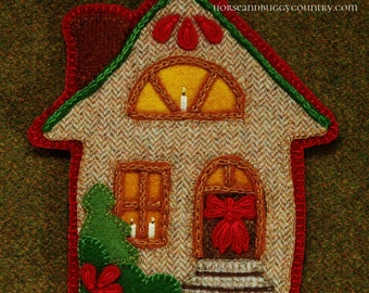 Wool applique pattern kit embroidery Christmas ornament gingerbread house "Advent Evening" 6 1/2" x 5 1/2" hand dyed felted wool fabric