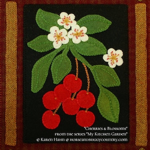 Wool applique PATTERN &/or KIT "Cherries and Blossoms" 11" x 9" wall hanging from the series "My Kitchen Garden" hand dyed wool fabric quilt