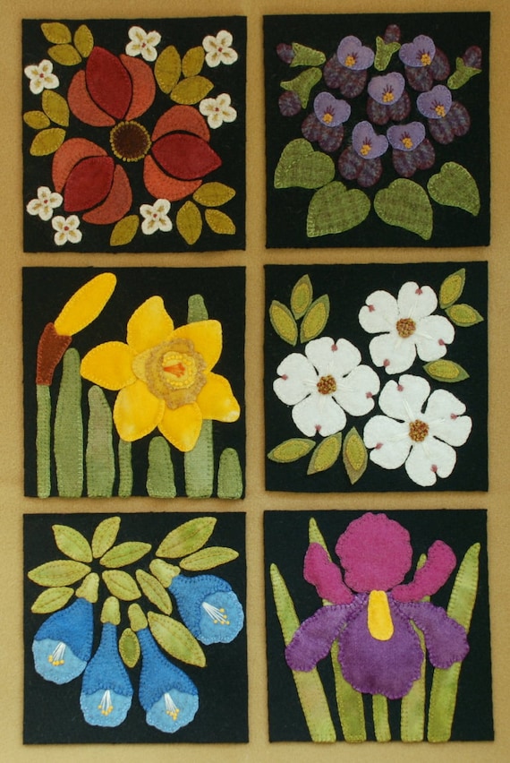 Wool applique pattern kit table runner rug flowers “Jacobean