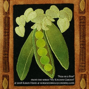 Wool applique PATTERN &/or KIT &quot;Peas in a Pod&quot; 11&quot; x 9&quot; wall hanging from the series &quot;My Kitchen Garden&quot; hand dyed felted wool fabric