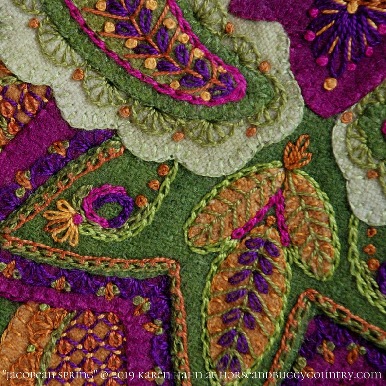 Wool applique PATTERN KIT Jacobean Spring table image 4