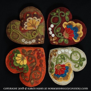 Wool applique PDF e-PATTERN &quot;Jacobean Heart&quot; embroidery sachet pin cushion tuck pillow shelf pillow hand dyed wool fabric