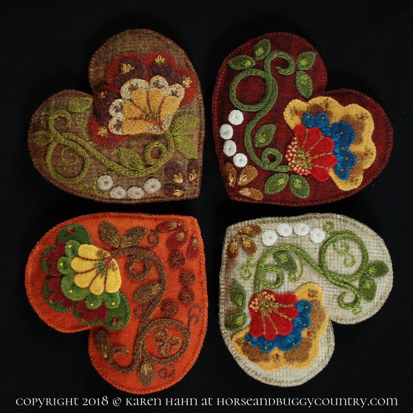 Wool applique PDF e-PATTERN "Jacobean Heart" embroidery sachet pin cushion tuck pillow shelf pillow hand dyed wool fabric