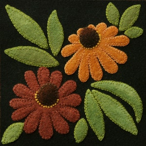 Wool applique PDF e-PATTERN BOM &quot;Cone Flowers&quot; one block of 24 &quot;Four Seasons of Flowers&quot; table runner bed runner wall hanging wool quilt rug