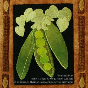 Wool applique PDF downloadable e-PATTERN &quot;Peas in a Pod&quot; wall hanging from the series &quot;My Kitchen Garden&quot; hand dyed wool felted wool