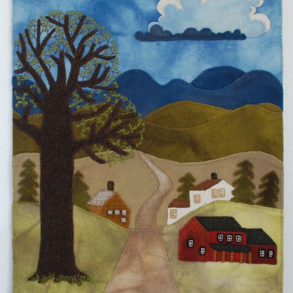 Wool applique PDF e-PATTERN "Wandering the Back Roads" wall hanging saltbox house barn geese felted hand dyed rug hooking felted wool quilt