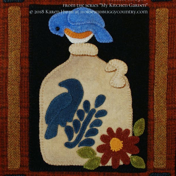 Wool applique PATTERN &/or KIT "Musing on a Jug" 11" x 9" wall hanging from the series "My Kitchen Garden" blue bird hand dyed felted wool