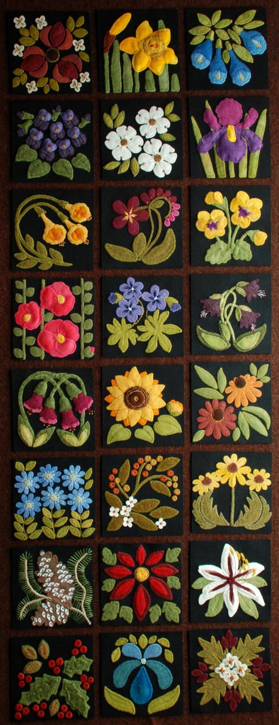 Wool Applique PATTERN &/or KIT pine Cones 6x6 Block 1 of 24 four Seasons of  Flowers Wool Quilt Bed Runner Wall Hanging Felted Wool 