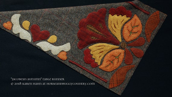 Wool applique pattern kit table runner rug flowers “Jacobean