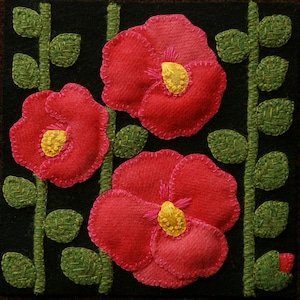 Wool applique PDF e-PATTERN &quot;Hollyhocks&quot; one block of 24 &quot;Four Seasons of Flowers&quot; wool quilt table runner bed runner wall hanging pillow