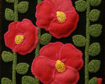 Wool applique PDF e-PATTERN "Hollyhocks" one block of 24 "Four Seasons of Flowers" wool quilt table runner bed runner wall hanging pillow