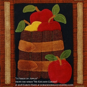 Wool applique PDF e-PATTERN &quot;Firkin of Apples&quot; wall hanging from the series &quot;My Kitchen Garden&quot; hand dyed wool felted wool