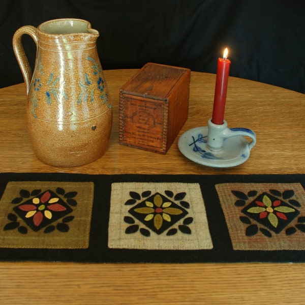 Wool applique PATTERN "Amish Buggy Ride" 30" x 8" table runner penny rug folk art stencil primitive hand dyed rug hooking wool fabric